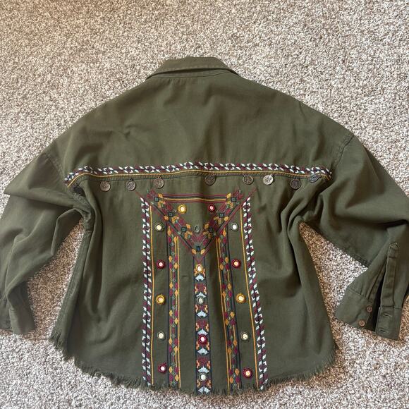 Anthropologie Jackets & Blazers - Anthropologie Beautiful Stories Embroidered Olive Jacket M Boho Metal Mirror